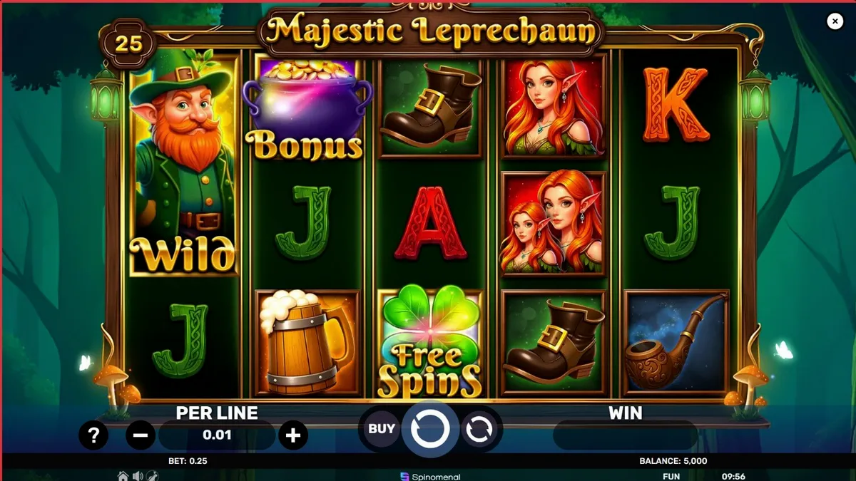 Isang makulay na eksena mula sa Majestic Leprechaun slot na nagpapakita ng mga Irish symbols at masiglang landscape.