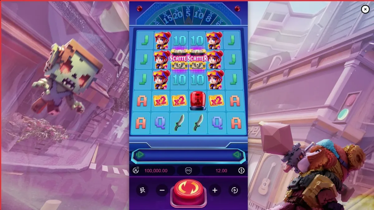 Zombie Blasters slot machine screen na nagpapakita ng arcade theme at cascading reels
