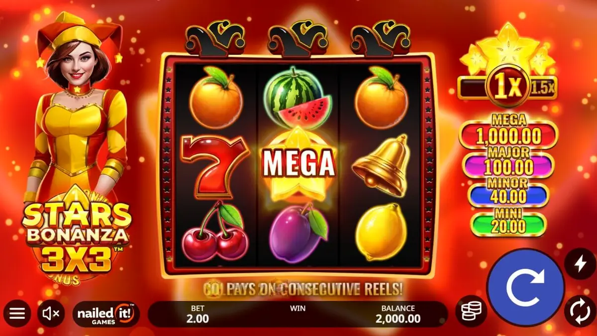 Stars Bonanza 3x3 slot machine interface na may mga prutas at bituin
